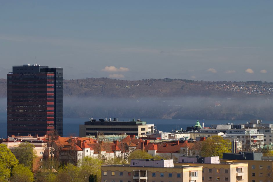 Explore the vibrant cityscape of Jönköping, Sweden captured in an aerial view showcasing its unique architecture.