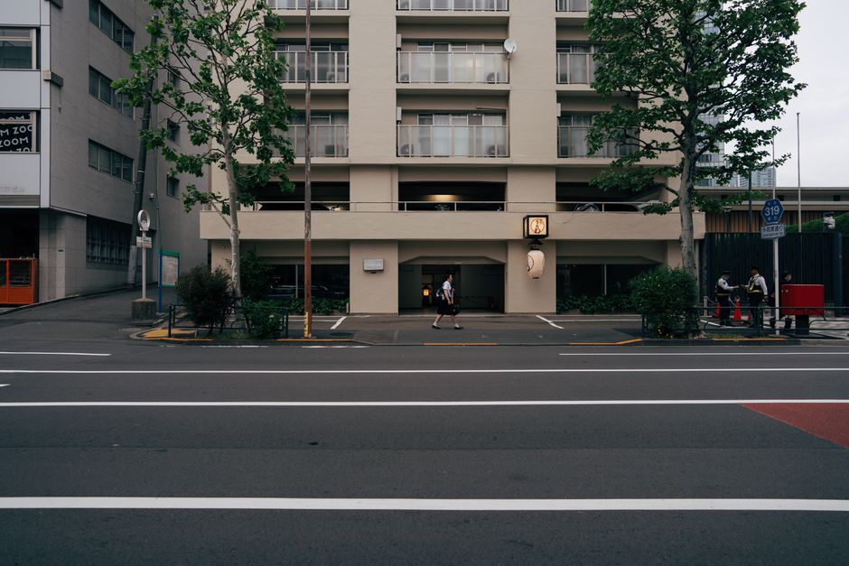 Street view of an urban area in Tokyo, showcasing buildings and a pedestrian crossing.