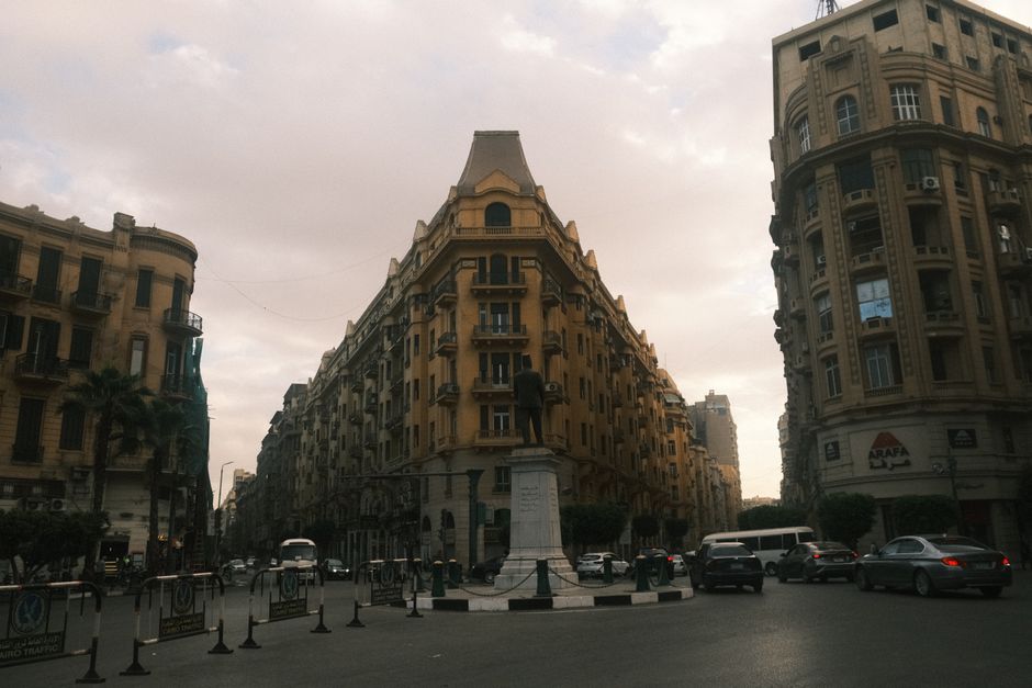 View of a historic street intersection in Cairo, Egypt, showcasing distinctive architectur